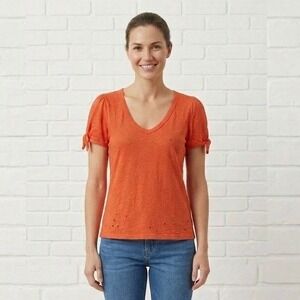 Left of Center Slub Knit Shirt Womens Small Orange Tie Sleeve V-Neck Casual Top
